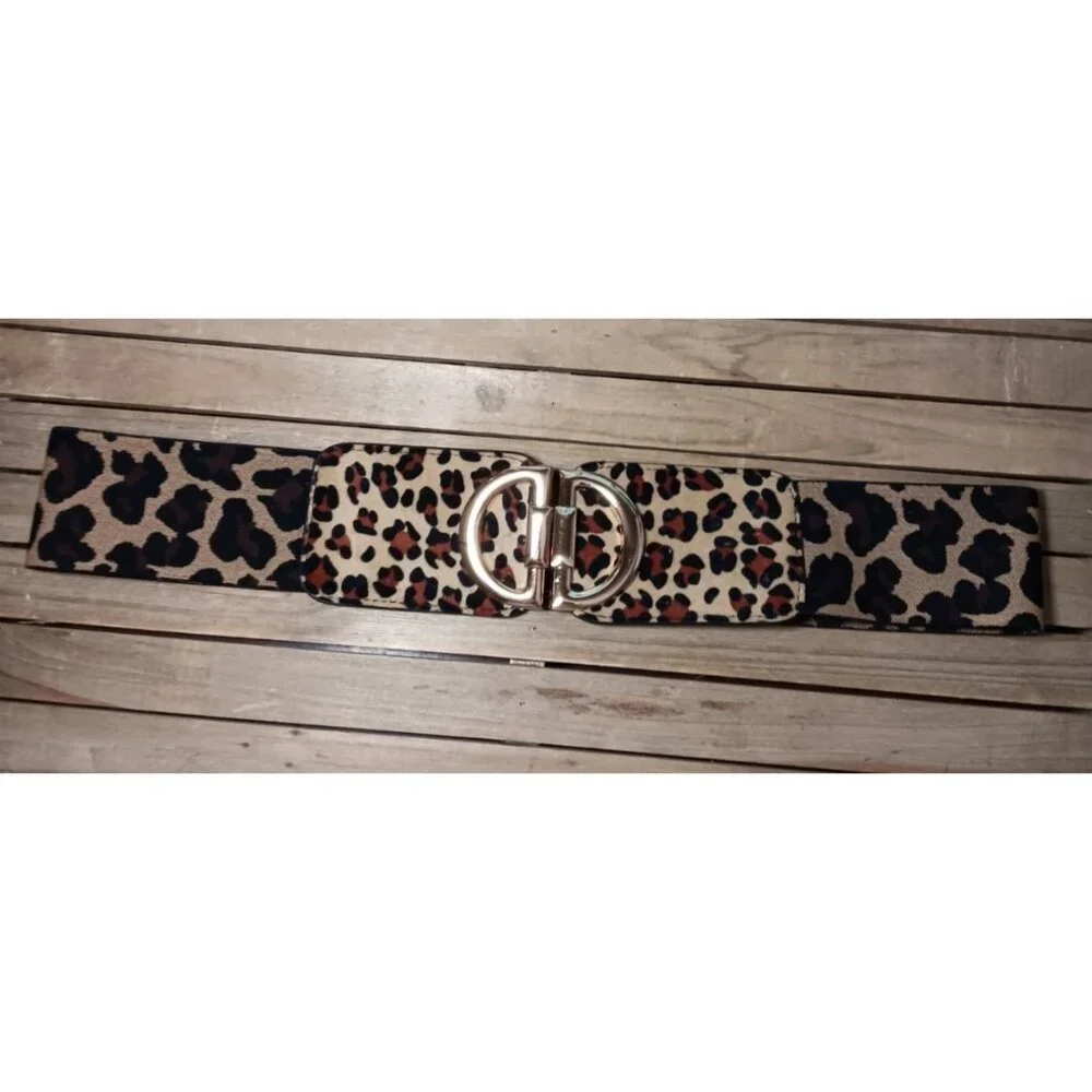 Stretch Animal Print Cinch Belt Gold Buckle Big Cat Cheetah Leopard Spots 26" - Picture 8 of 10